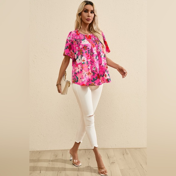 Smocked Printed Round Neck Half Sleeve Blouse - Picture 4 of 9